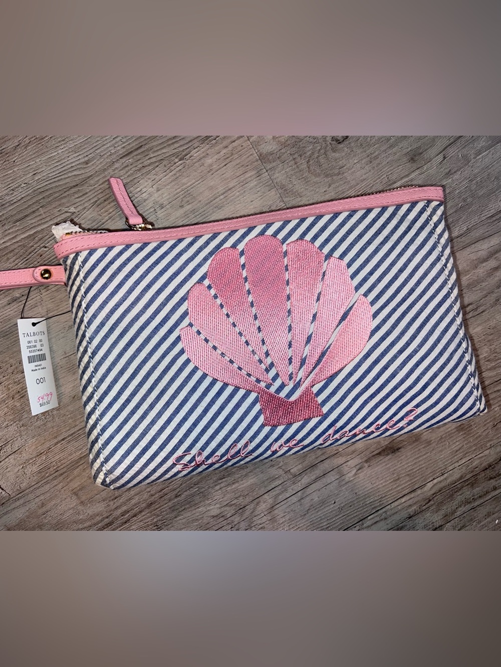 Talbots Navy & White Striped Wristlet with Pink Shell Appliqué
